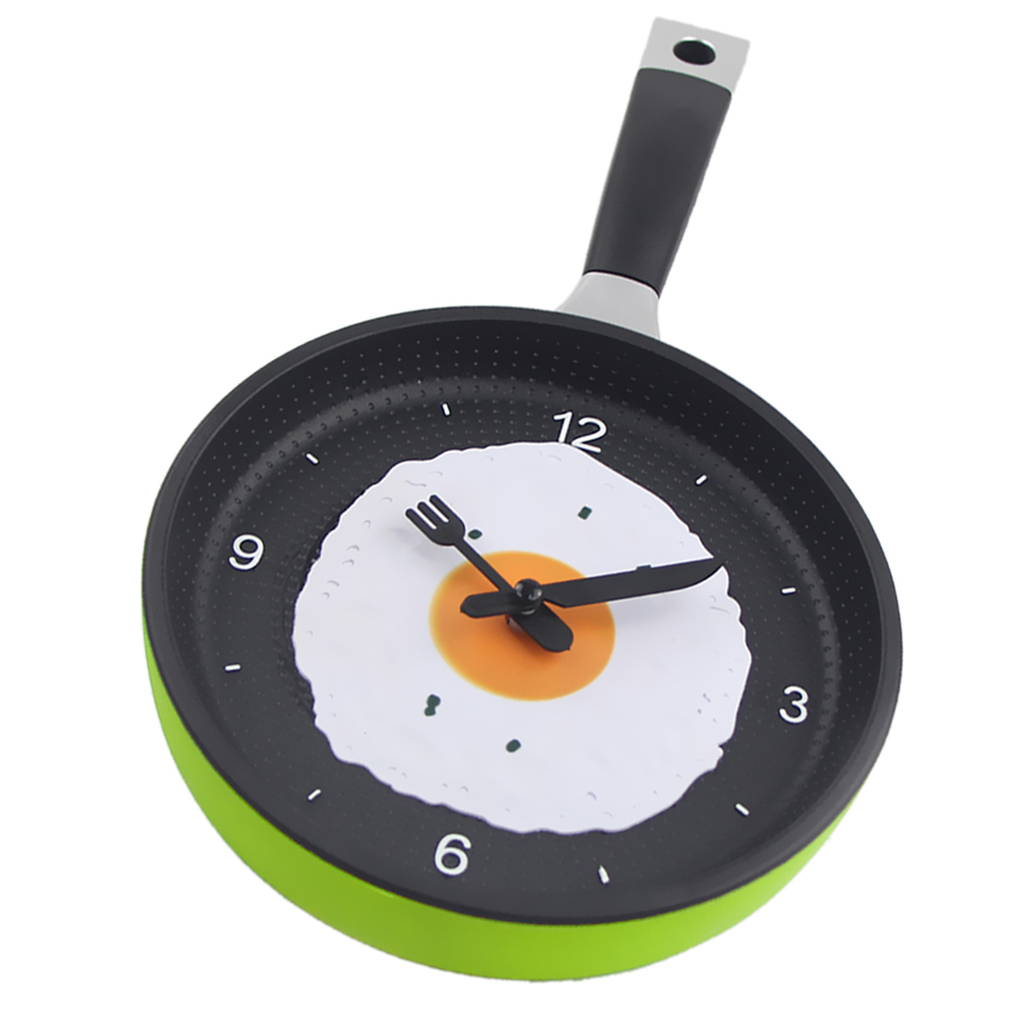 Creative Pan with Fried Egg Shape Wall Clock for Kitchen Bedroom Green