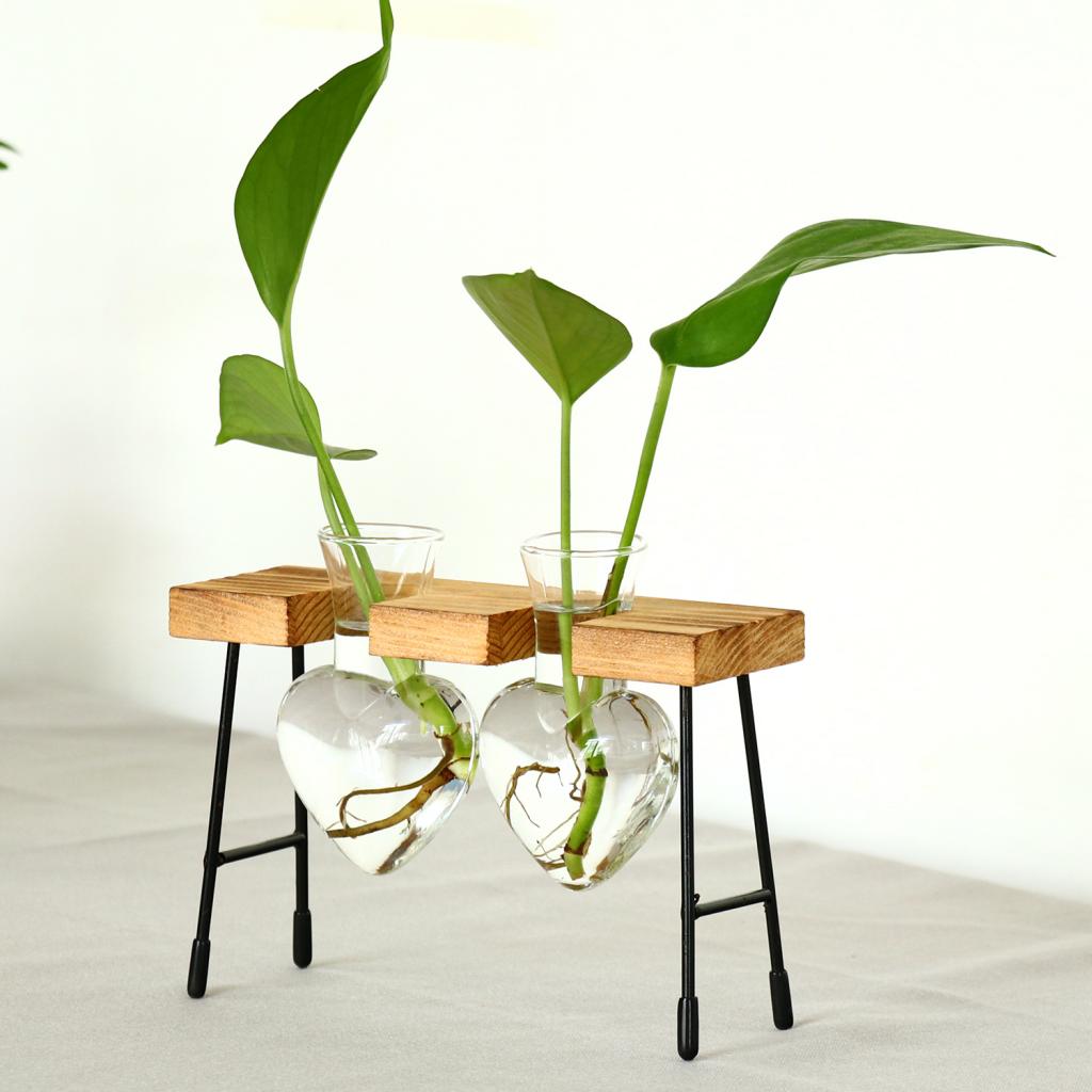  Test Tube Flower Vase ChairWooden Stand for Hydroponic Plant 2 Bottle
