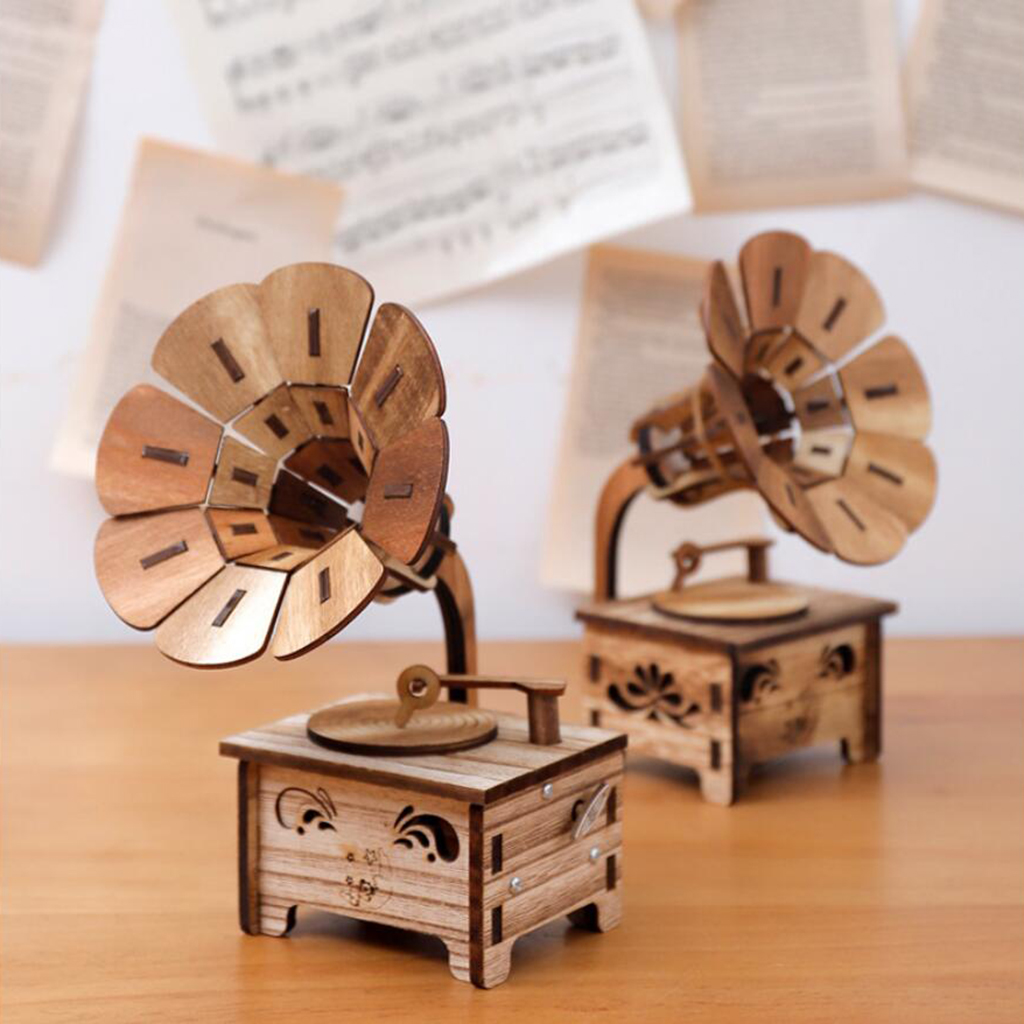 Vintage Mini Wooden Phonograph Music Box Decoration Kids Birthday Gift
