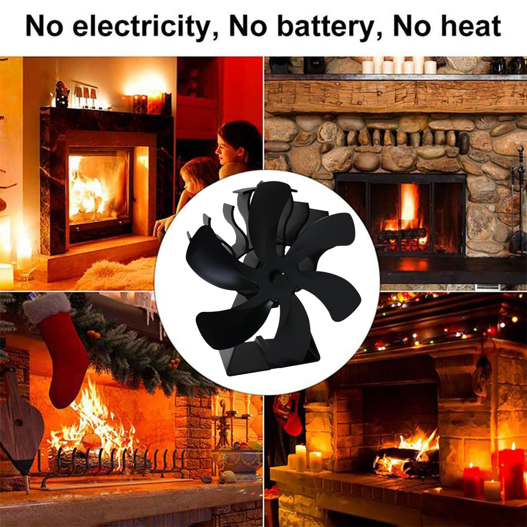 6 Blades Fireplace Fan Heat Powered Stove Fan for Wood/Log Burner/Fireplace Black