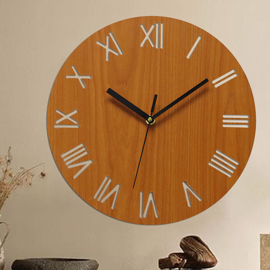12 inch Wood Wall Clock Battery Operated for Home Office Roman Numerals