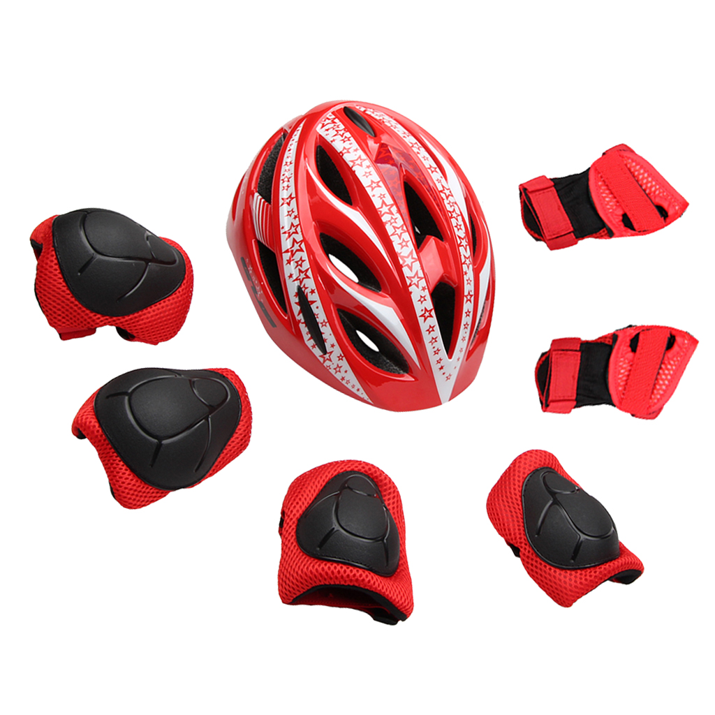 7Pcs Kids Skating Bicycle Protective Gear Helmet Knee Wrist Elbow Guard Red