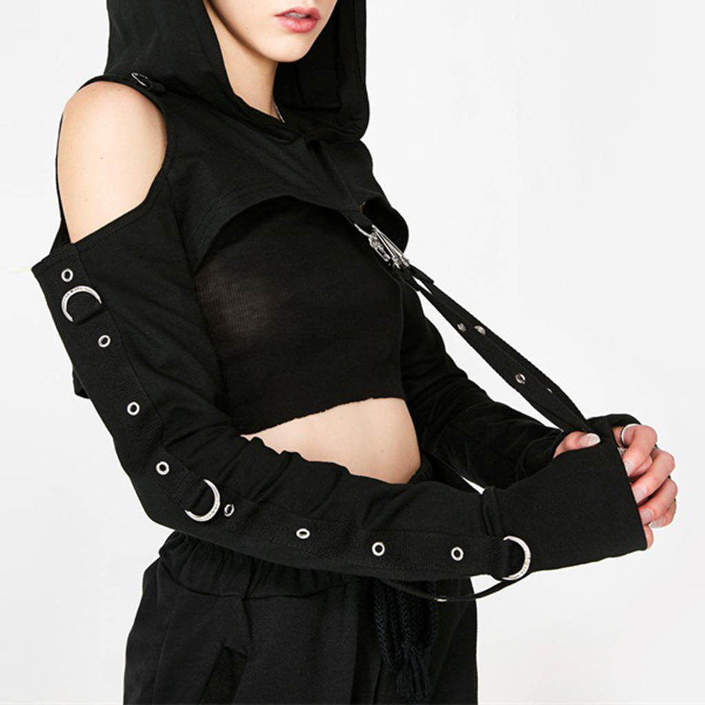 Gothic Womens Sexy Hoodies Bandage Metal Crop Tops Pullover Sweatshirts  S
