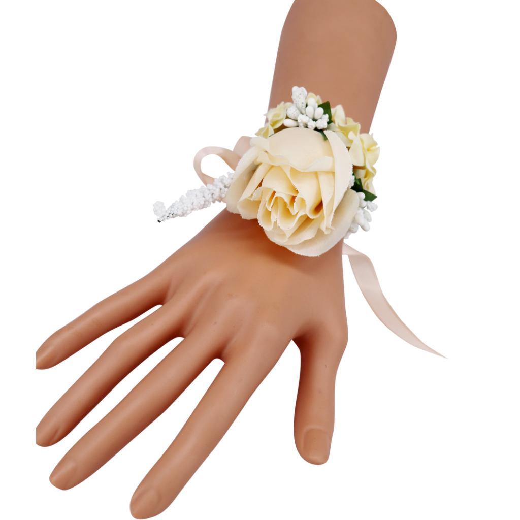 Artificial Rose Wrist Flower For Wedding Groom Bridesmaid Bride  Champagne