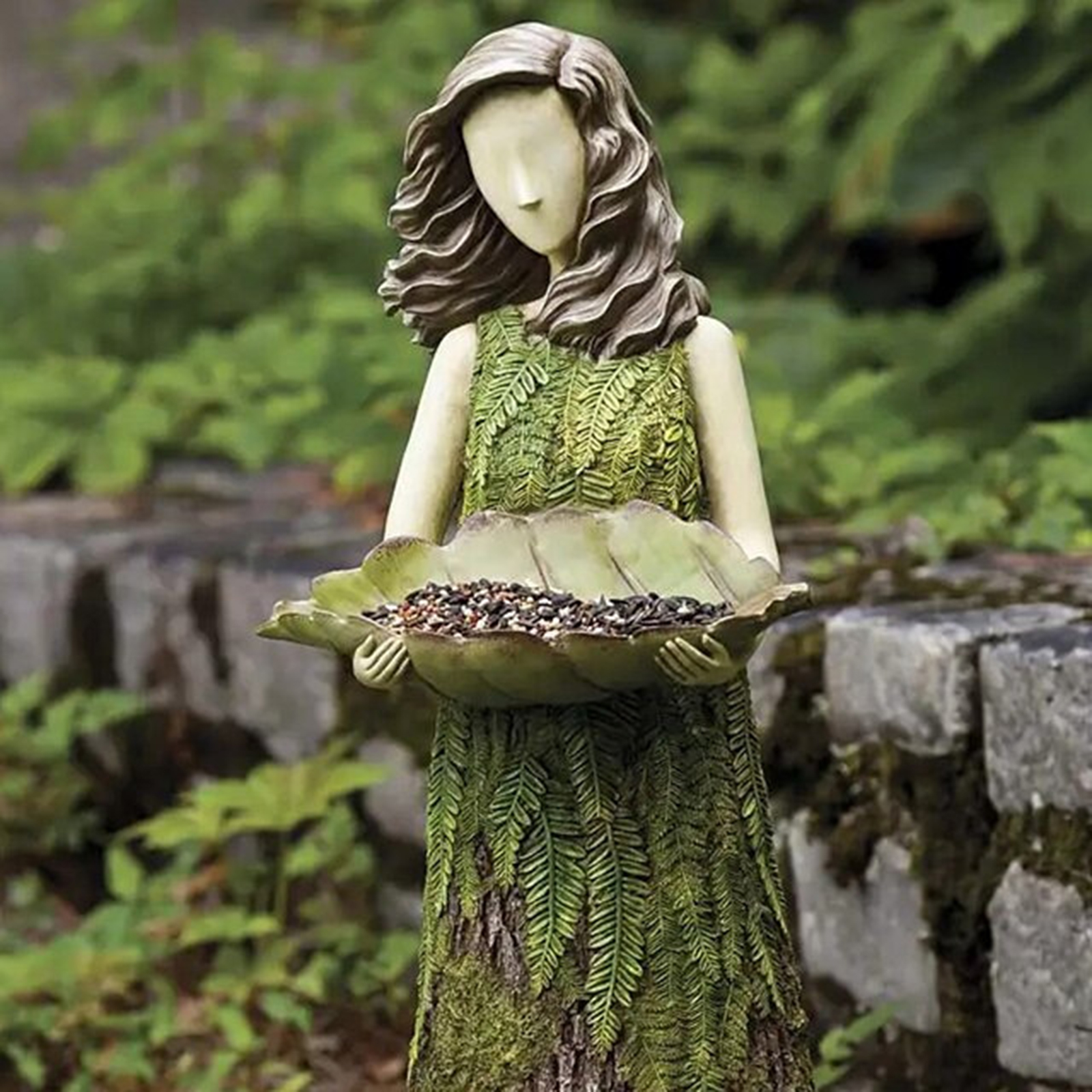 Sherwood Fern Fairy Statuary with Bird Feeder Garden Art Ornament