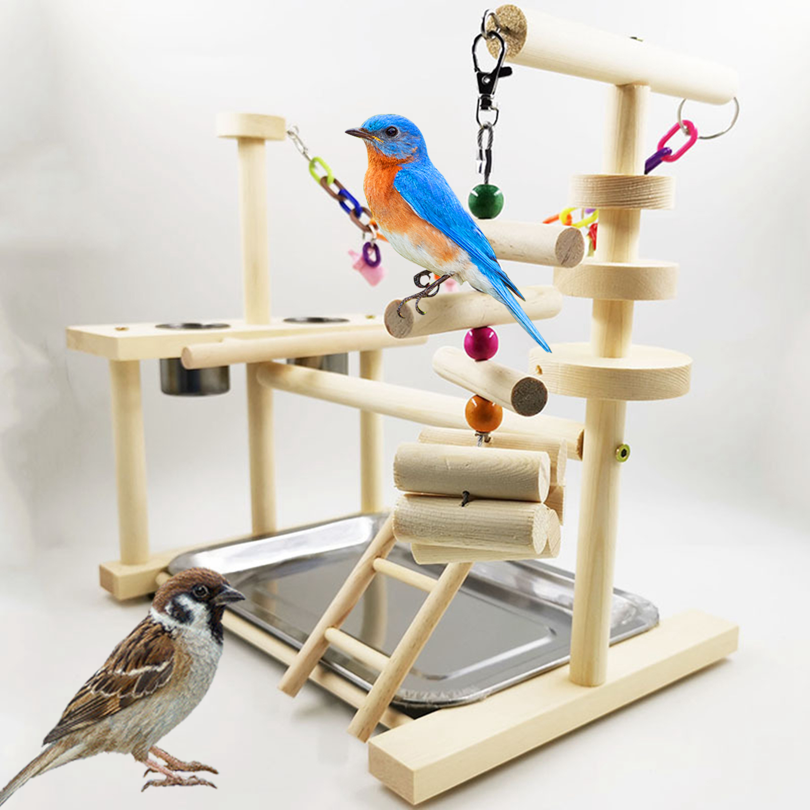 Wooden Parrot Playstand Perch Gym with Feeder Cups Toys W/Tray Cockatiel