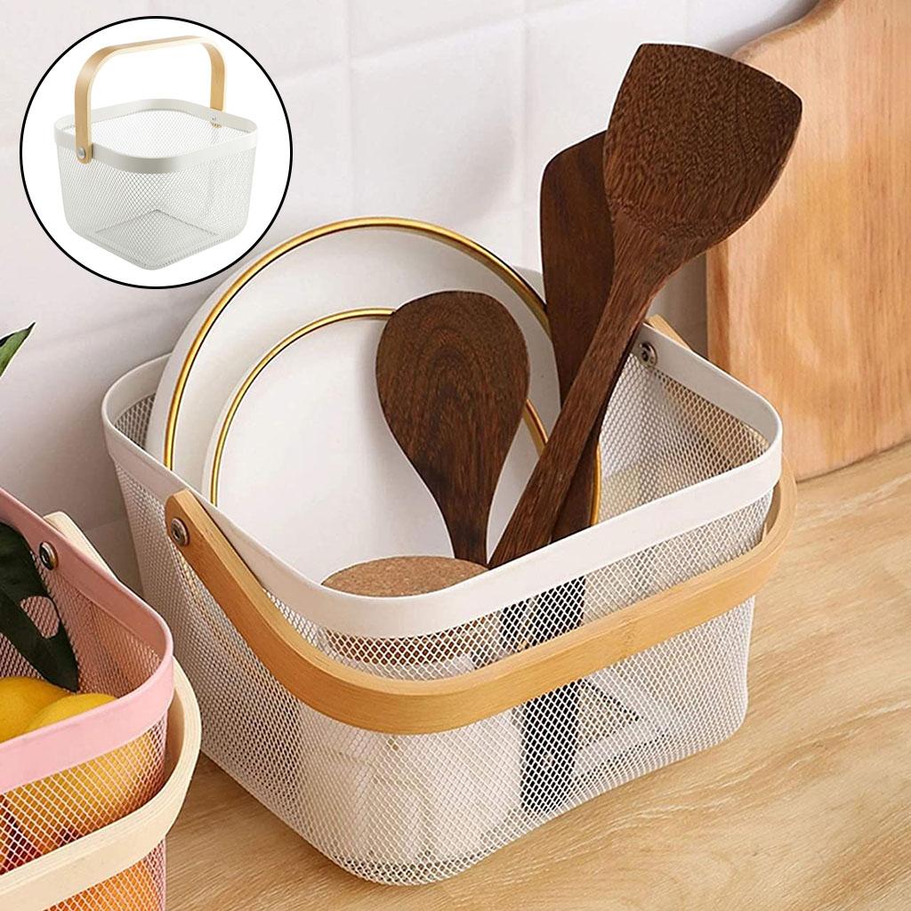 Mesh Storage Basket with Wooden Handle Vegetables Food Kitchen Organizer White