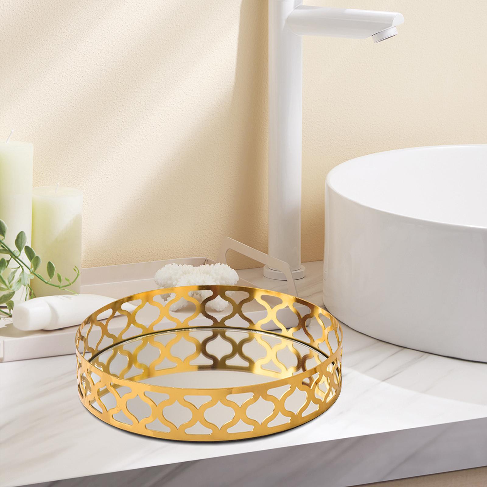 Round Golden Metal Mirrored Serving Tray Holder Ornate L 30x5cm