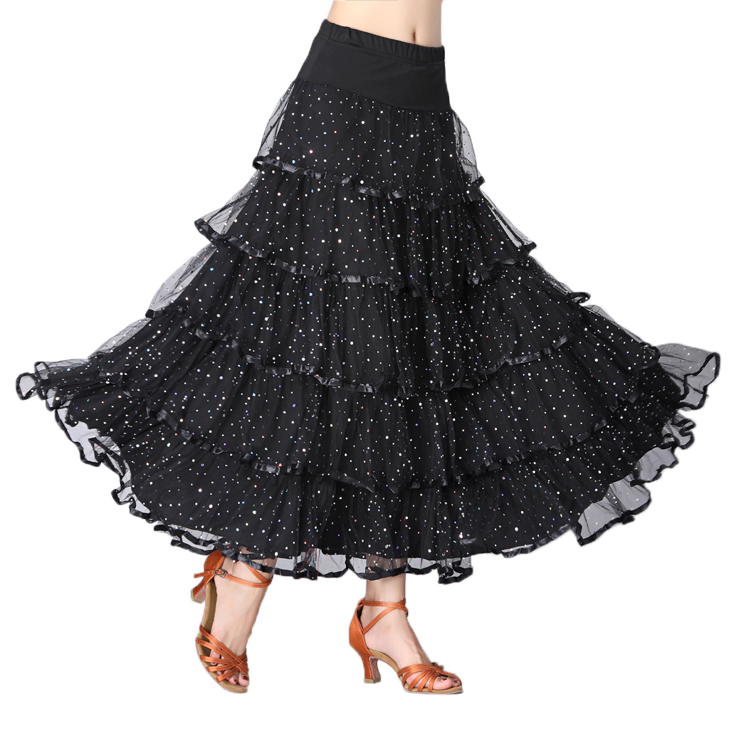 Flamenco Ballroom Dance Skirt Sequined Full Swing Mesh Skirt Waltz Costumes Black