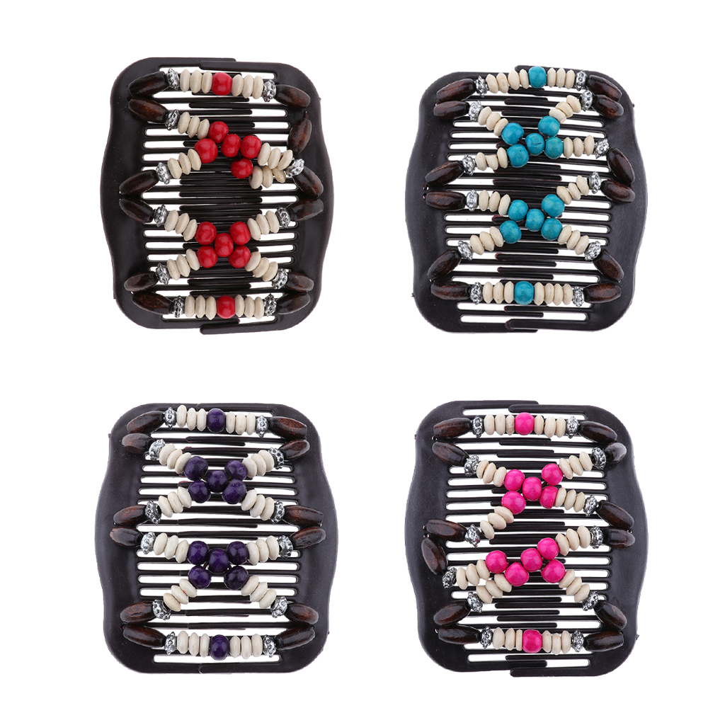 Wooden Beads Double Hair Comb Clip Red