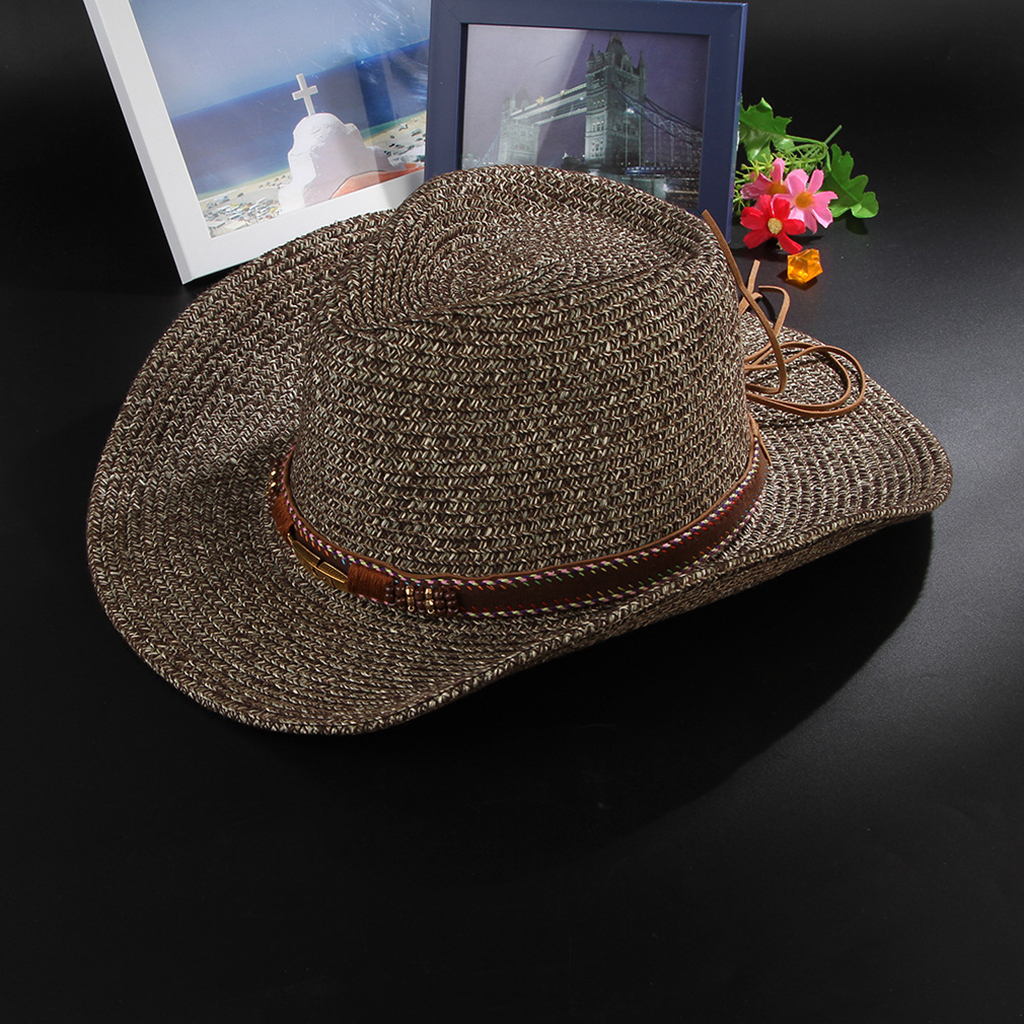 Unisex Western Style Straw Cowboy Cowgirl Hat Wide Brim Sun Hat Coffee