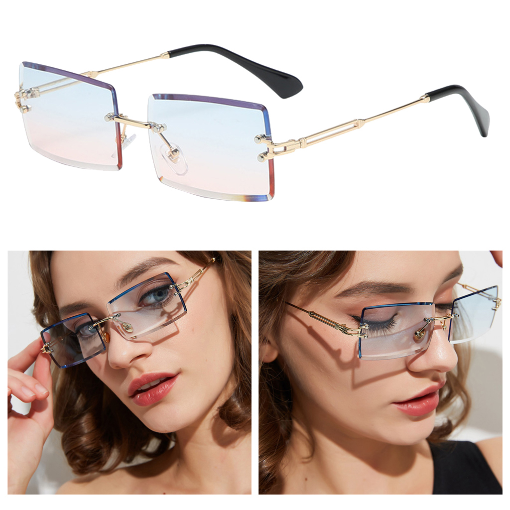 Chic Rectangle Cut Rimless Sunglasses Tinted Lens Eyewear Shades Blue Pink