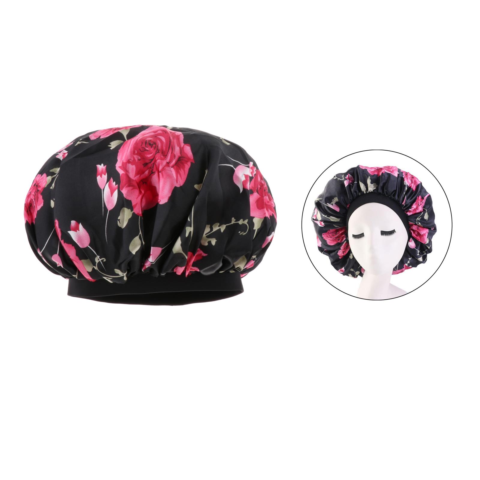 Satin Women Sleep Cap Night Wrap Elastic Sleeping Bonnet Safflower On Black