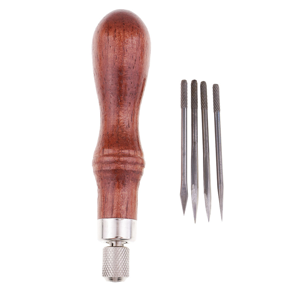 4 Needles with Wooden Handle Sewing Awl Hand Stitcher Shoe Repairing Tools