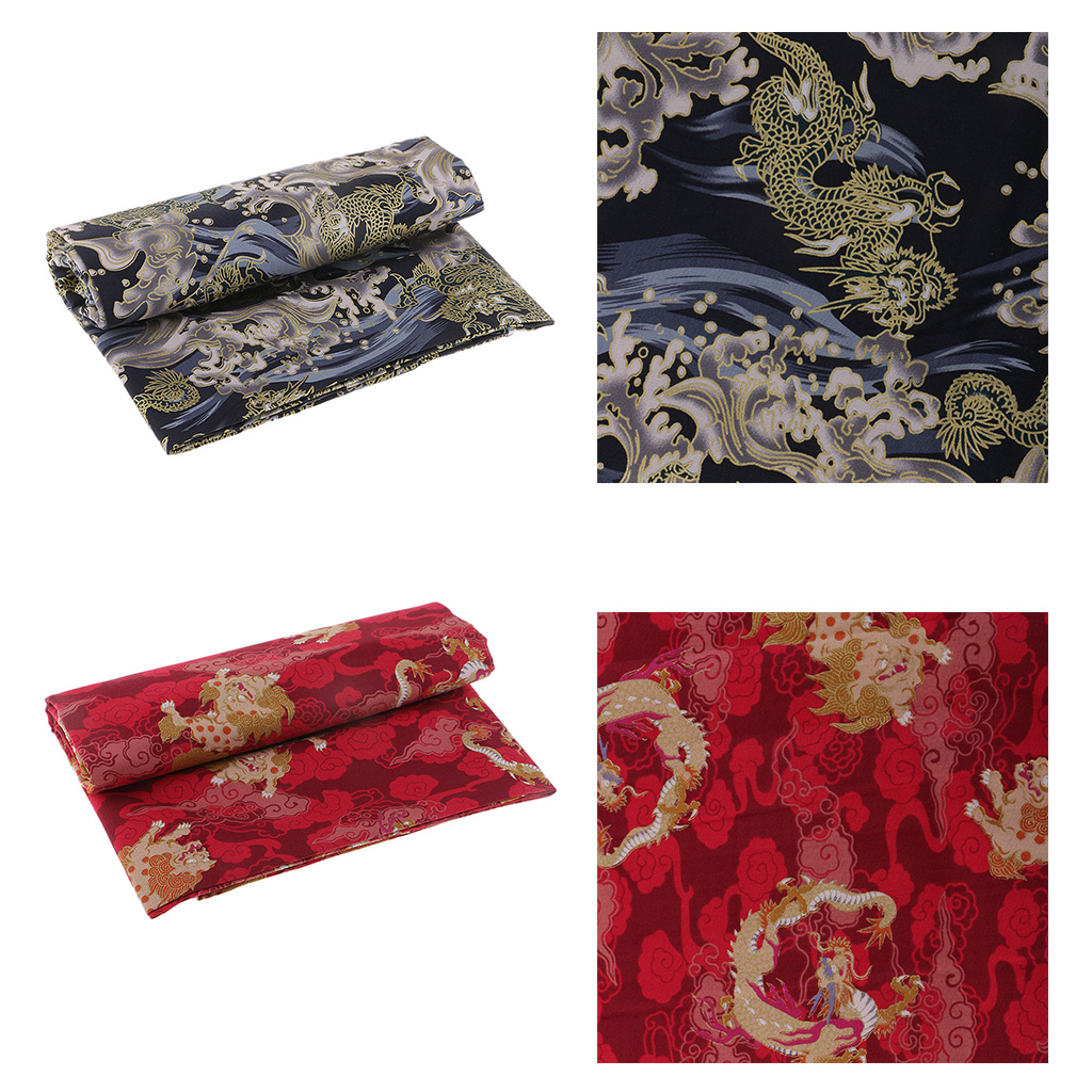 2 Meters Metallic Gold Asian Dragon Cotton Fabric Sewing Craft  Deep Blue