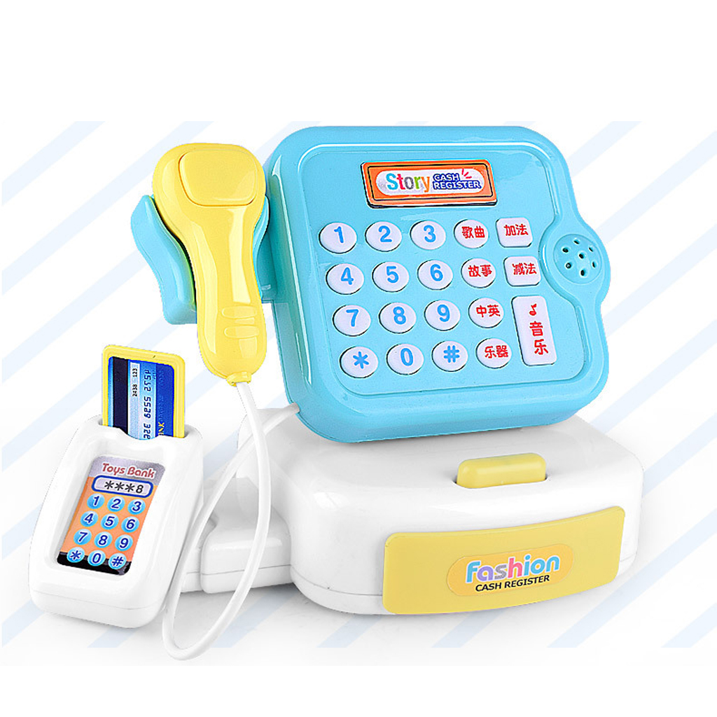 Simulation Supermarket Multi-function Cash Register Pretend Play Toy Blue