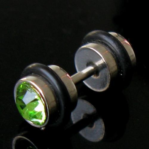 Mens Earring Ear Stud Stainless Steel Green CZ Crystal Fake Plug