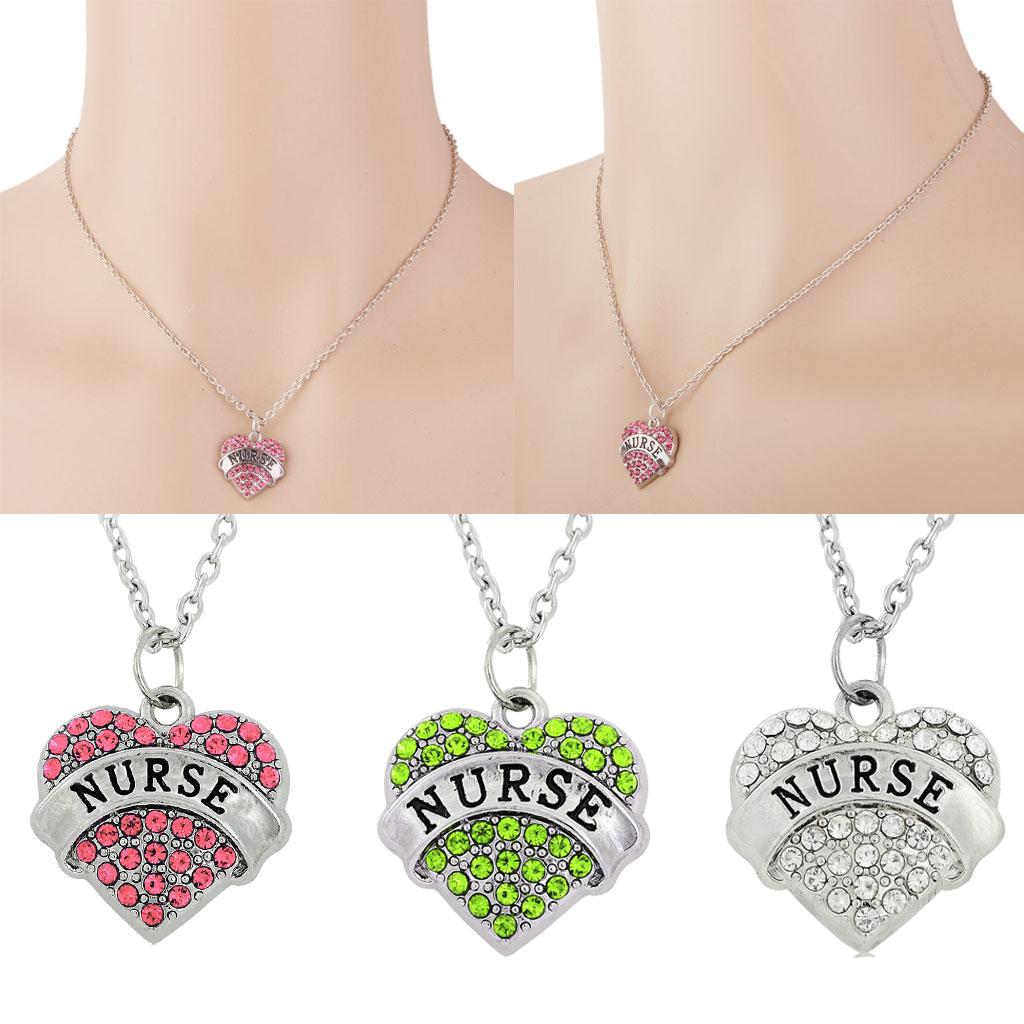 Crystal Rhinestone Heart Shape Nurse Letter Pendant Necklace White