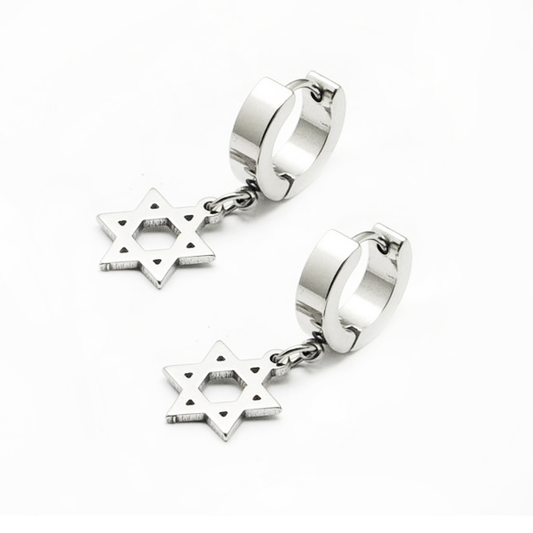 Stylish Silver Stainless Steel Hoop Huggie Earrings w/ Hexagon Dangle Drop