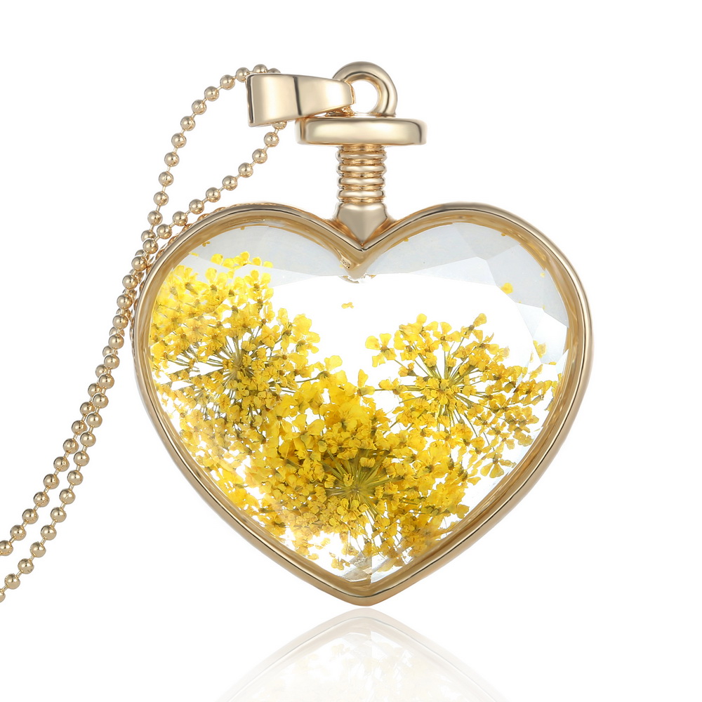 Glass Heart Shape Floating Locket Yellow Dried Flower Pendant Chain Necklace