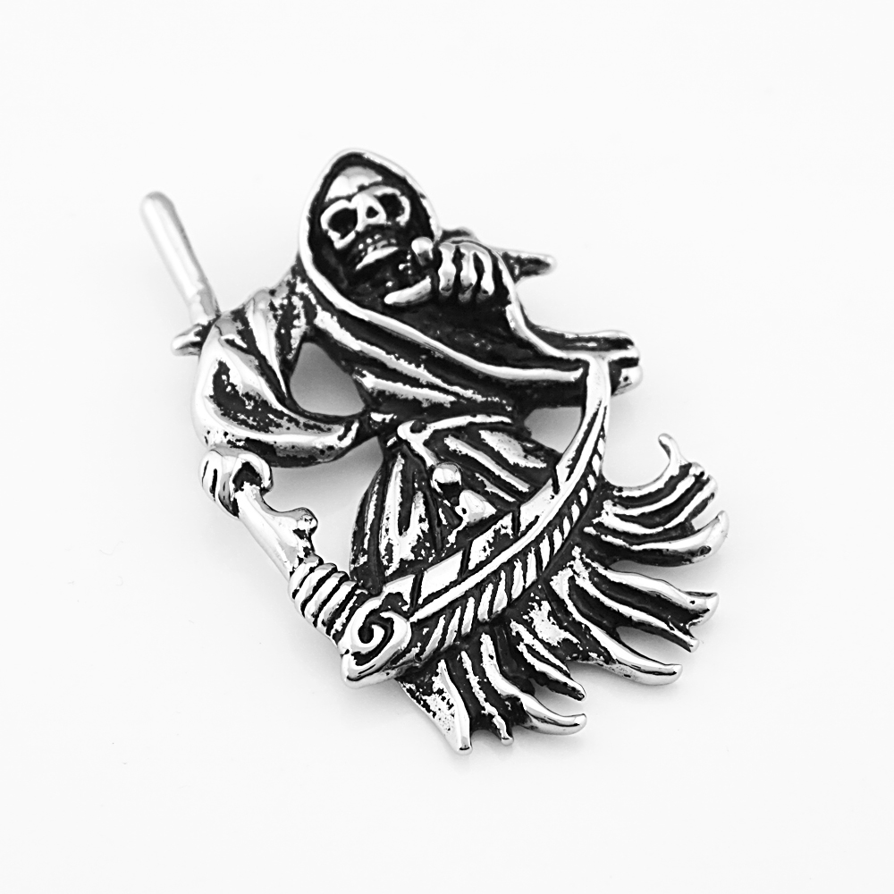 Stainless Steel Death Reaper's Scythe Skull Pendant Necklace Men's Jewelry