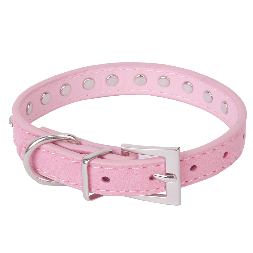 Pet Dog Cat Crystal Rhinestone Cow Suede Neck Collar Size XS - Pink