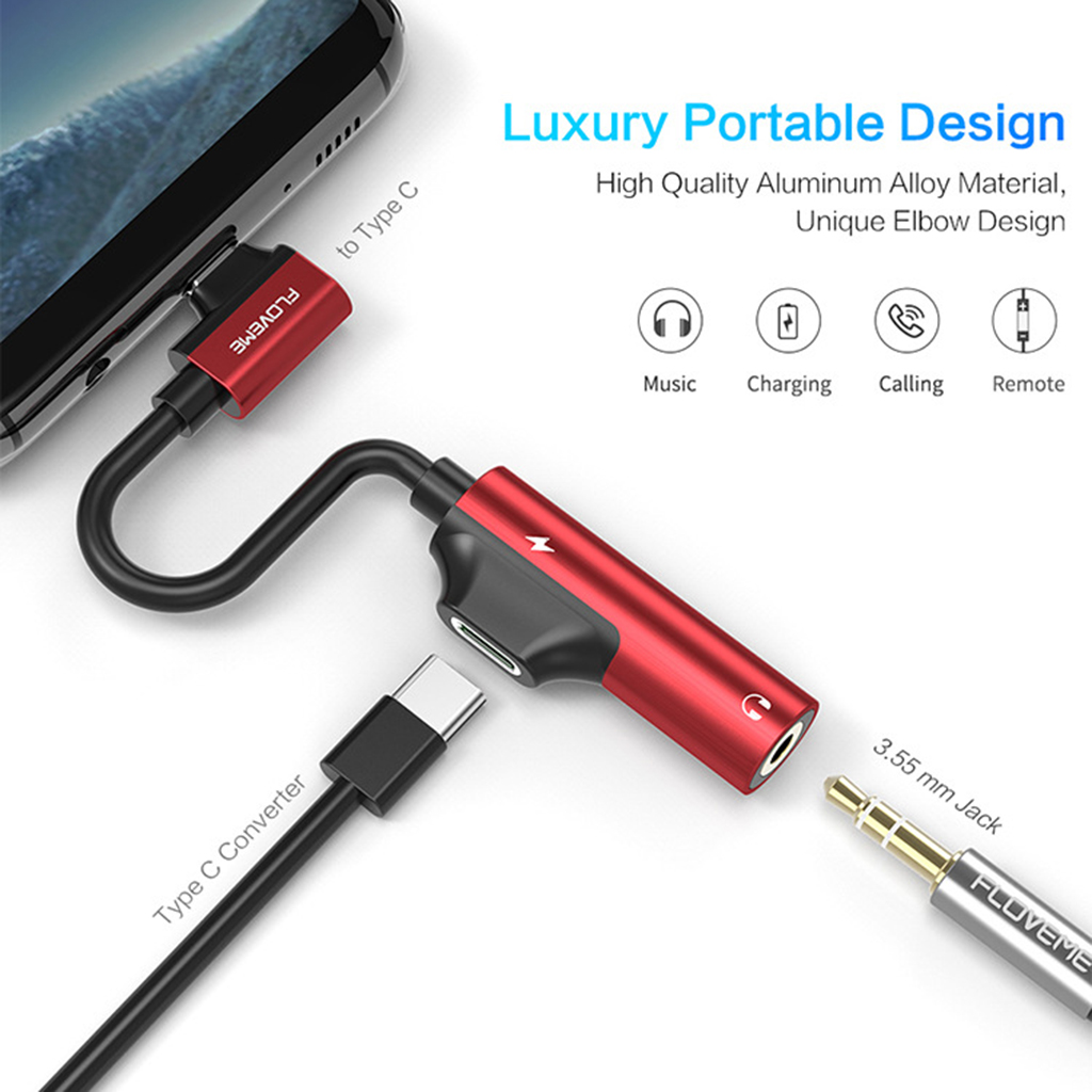 Audio and Charger Adaptor Headphone Jack Converter for Type-C Phones red