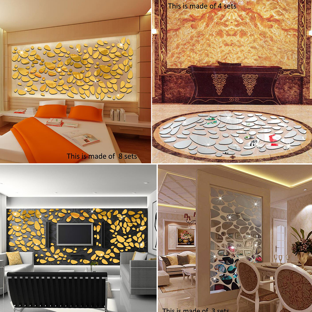 Cobblestone Shape 3D Wall Mirror Sticker/Tiles DIY Home Decor  Golden