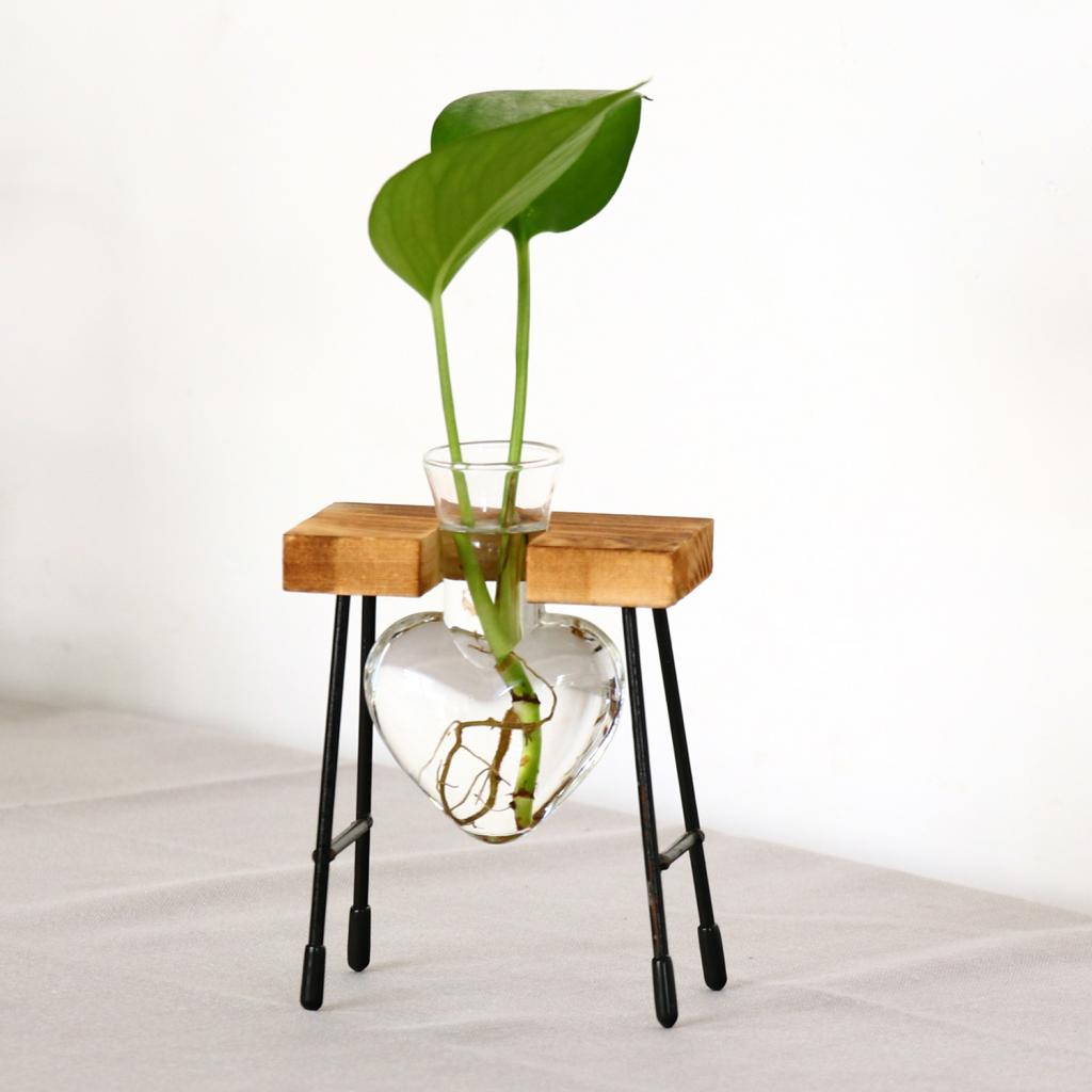  Test Tube Flower Vase ChairWooden Stand for Hydroponic Plant 3 Bottle