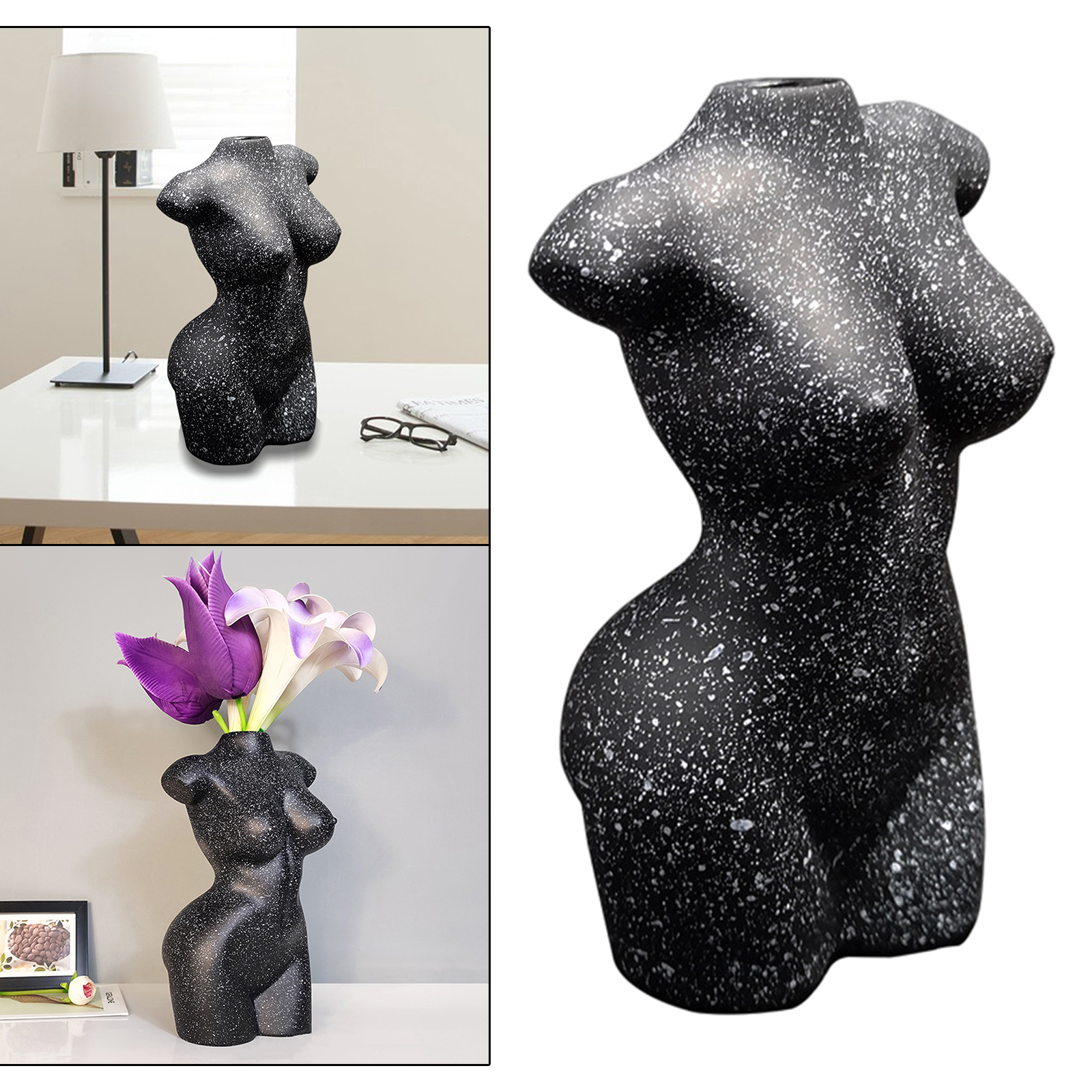Female Body Vase Resin Flower Pot Women Statues Desktop Ornament Decor Black 12.5x9.5x20cm