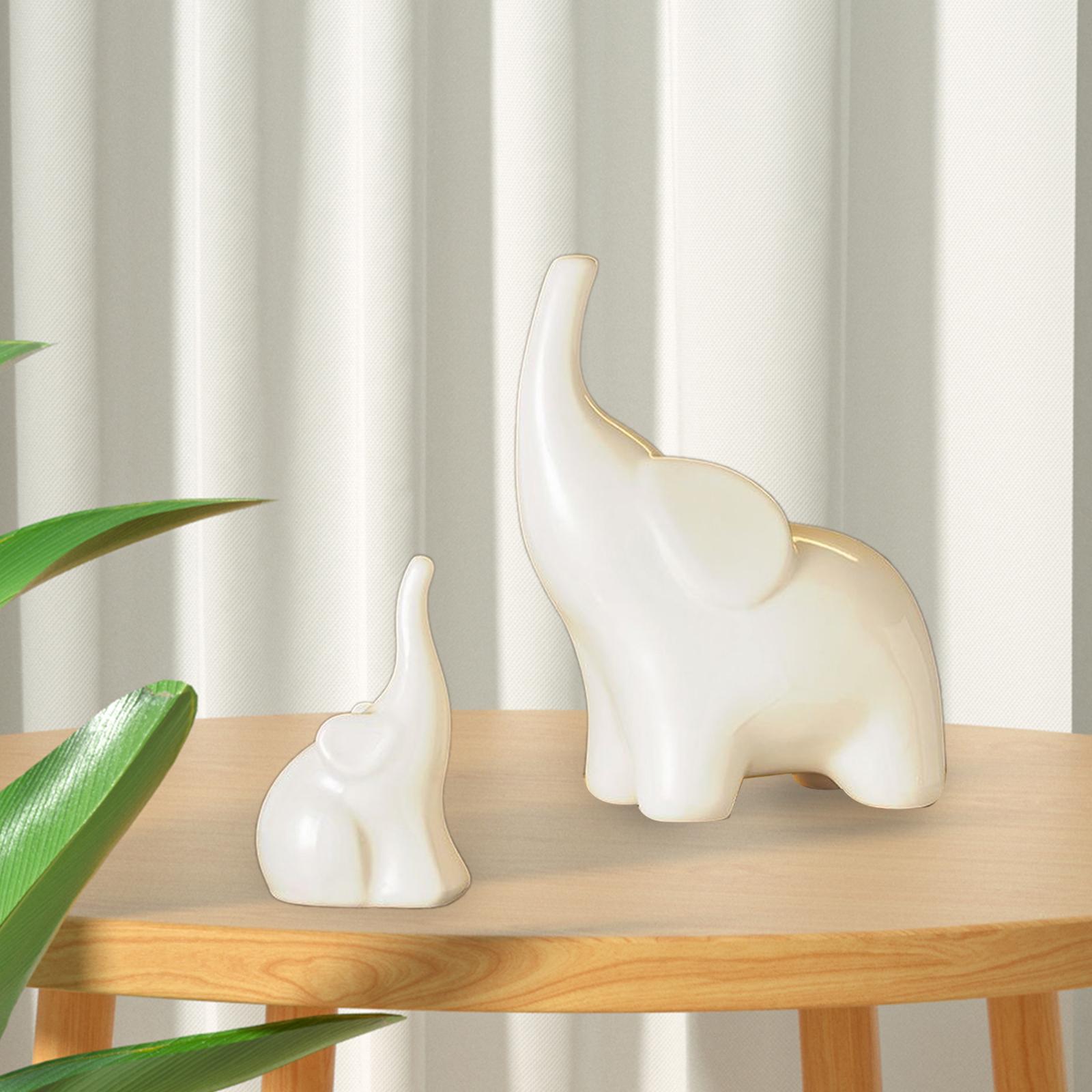 2x Elephant Sculptures Ceramic Elephant Figurines for Living Room Desk White