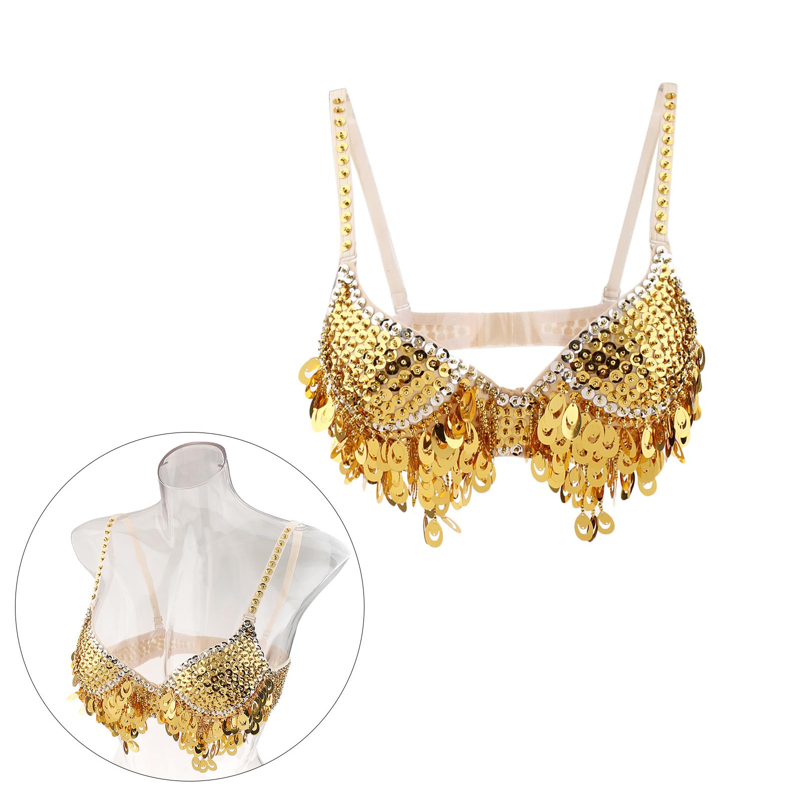 Belly Dance Beaded Bra Sequins Top Sexy Dancing Singer Costume Tassels Gold