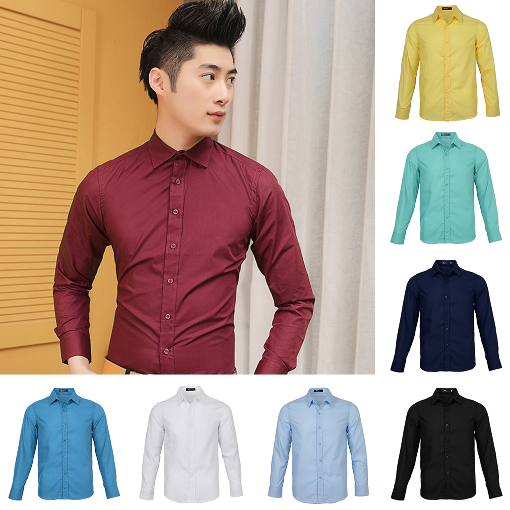 Stylish Men Solid Formal Dress Shirt Slim Fit Buttons Business Casual ...