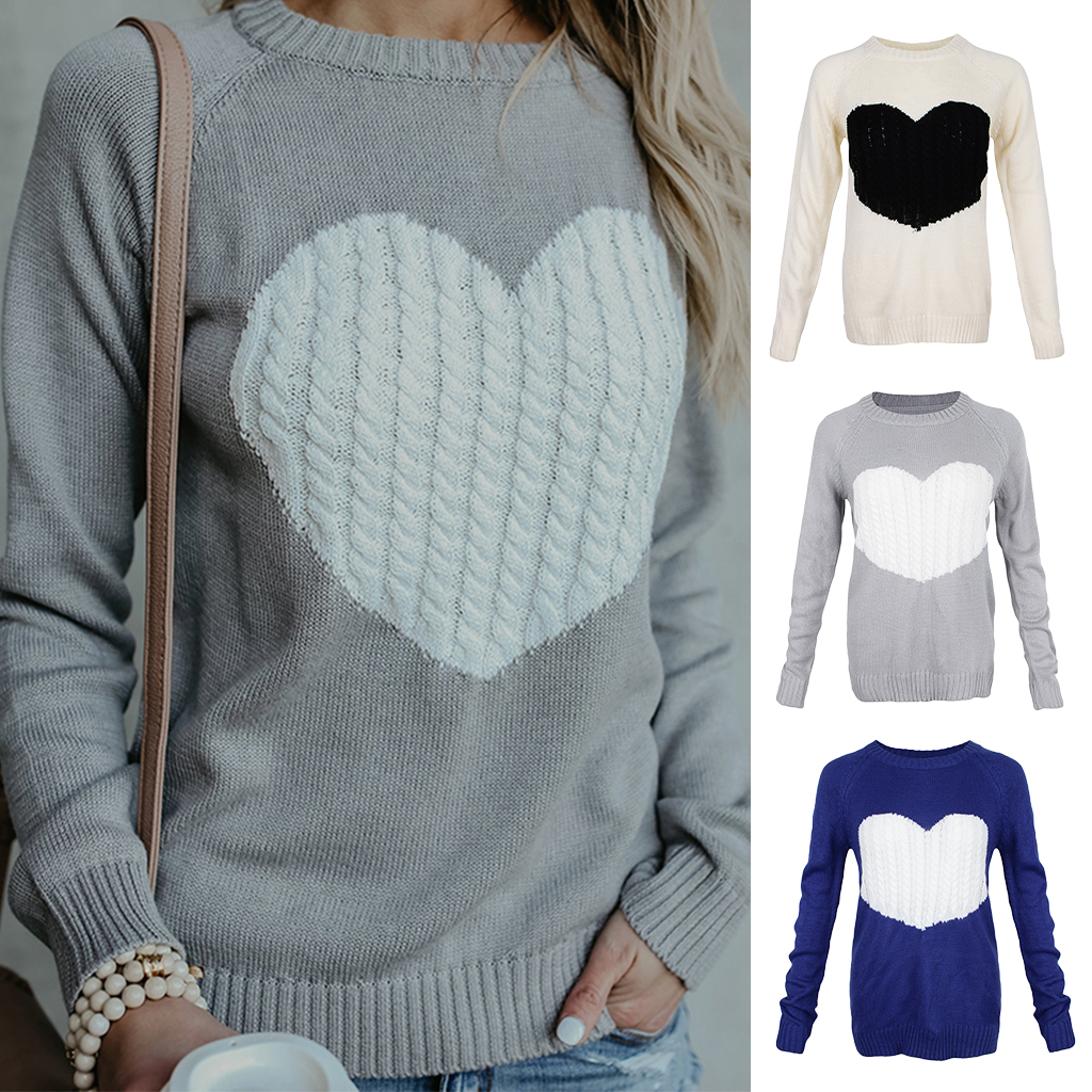 Women's Pullover Sweater Crewneck Long Sleeve Heart Patchwork Top Blue M	