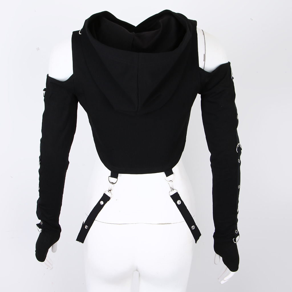 Gothic Womens Sexy Hoodies Bandage Metal Crop Tops Pullover Sweatshirts M