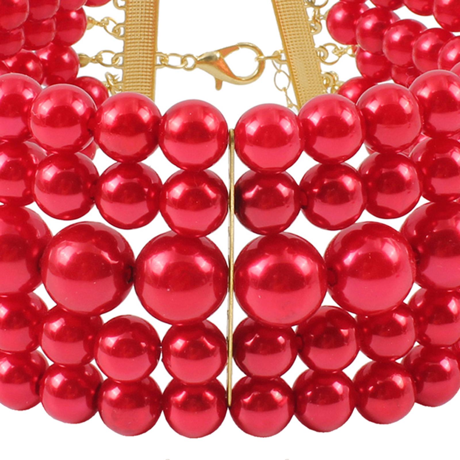 Pearl Choker Necklace and Earrings for Women Costume Jewelry Set Red
