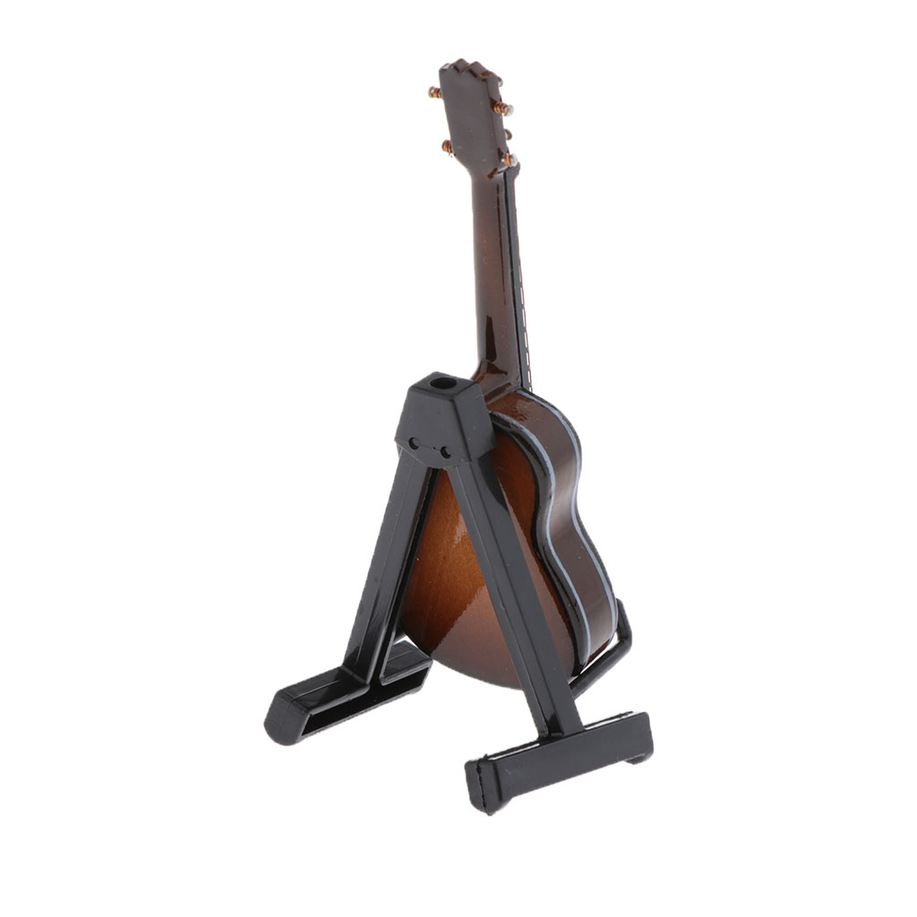 1/12 Dollhouse Miniature Wood Guitar w/ Stand Musical Instrument Dark Brown