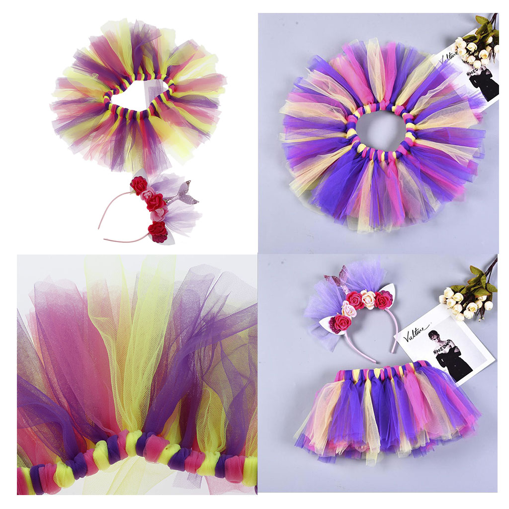 Little Girls Layered Rainbow Tutu Skirts with Mermaid Tail Flower Headband S