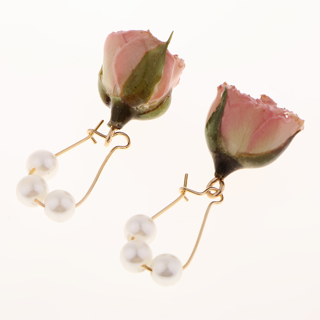 1 Pair Natural Real Dried Flower 3D Resin Covered Earrings Jewelry Pink