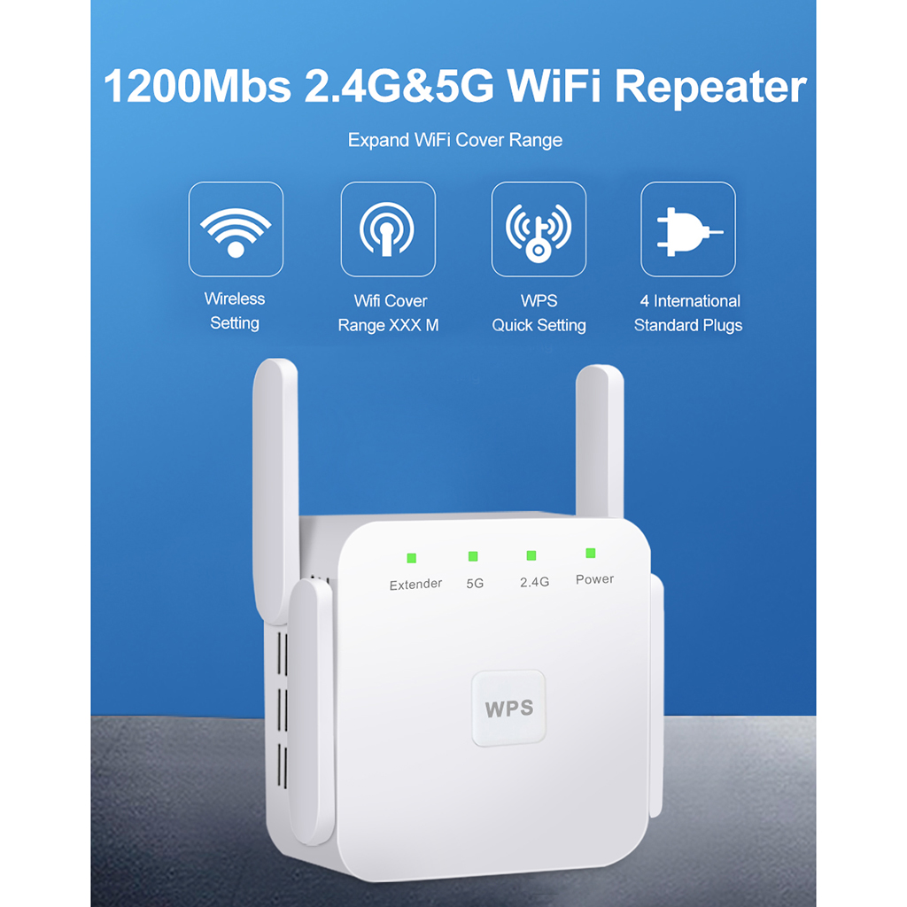 1200Mbps 2.4G 5G Wireless Wifi Repeater 4 Antennas Signal Booster US Plug