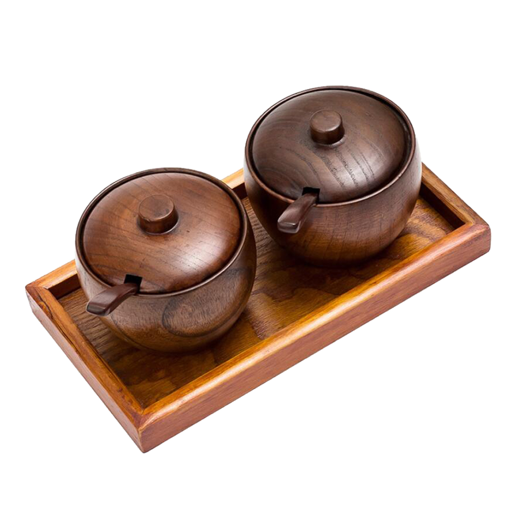 Wood Kitchen Jar with Spoon and Tray