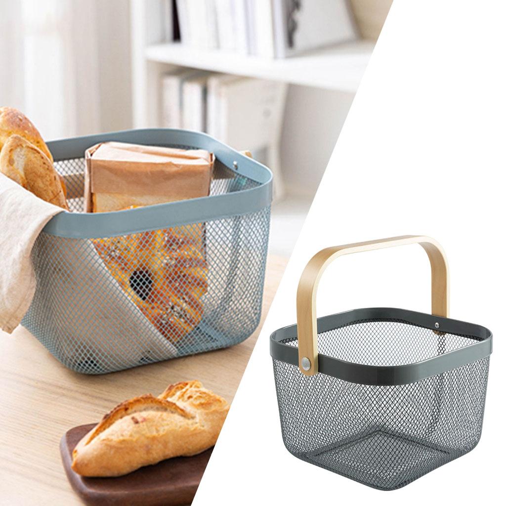 Mesh Storage Basket with Wooden Handle Vegetables Food Kitchen Organizer Gray