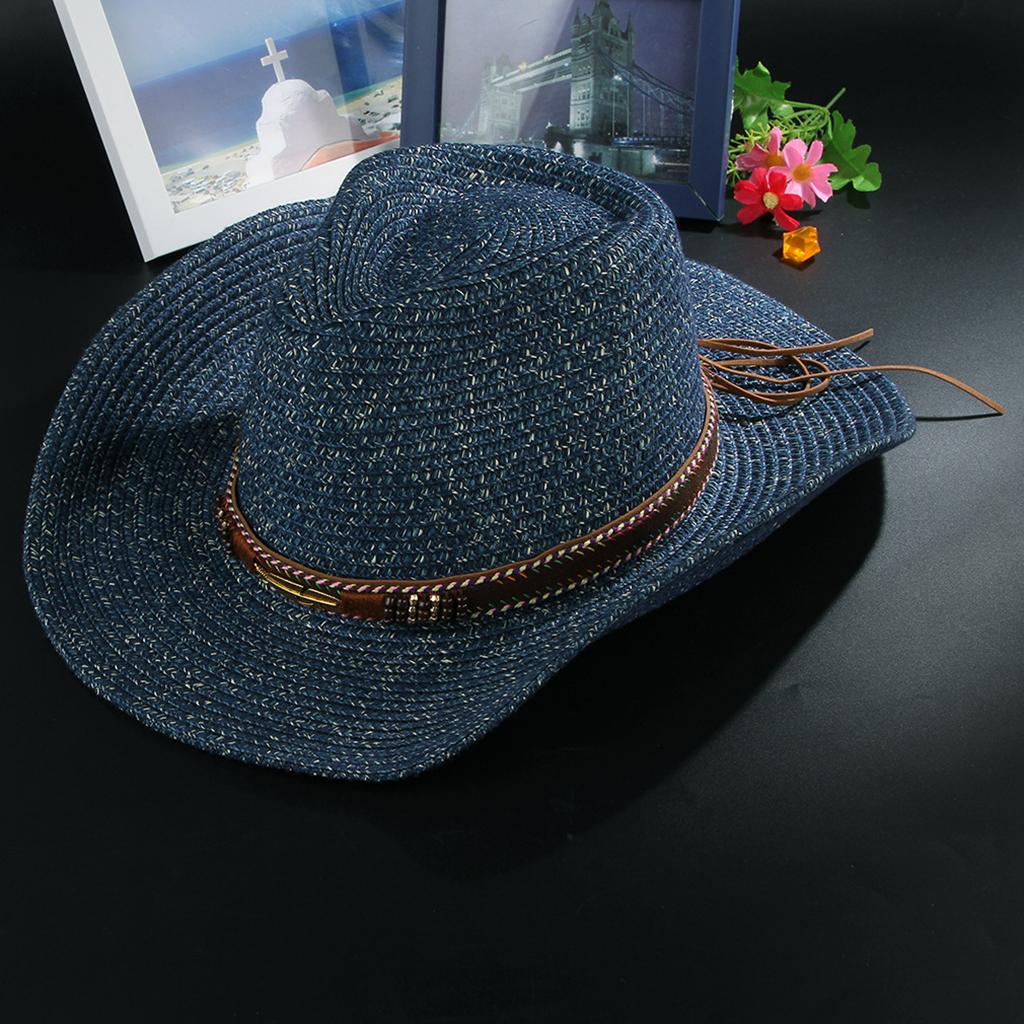 Unisex Western Style Straw Cowboy Cowgirl Hat Wide Brim Sun Hat Navy