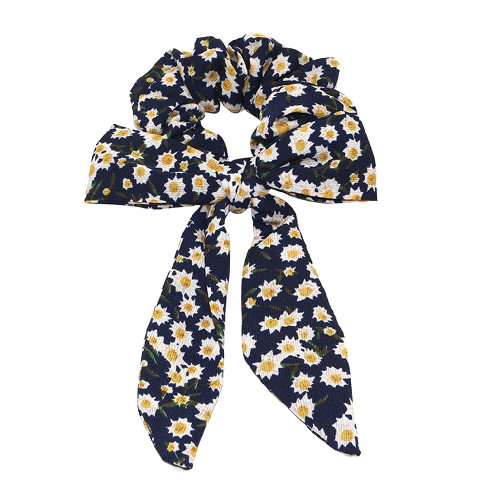 Womens Bowknot Hair Scrunchies Floral Scrunchie Scarf Hair Ties Dark Blue