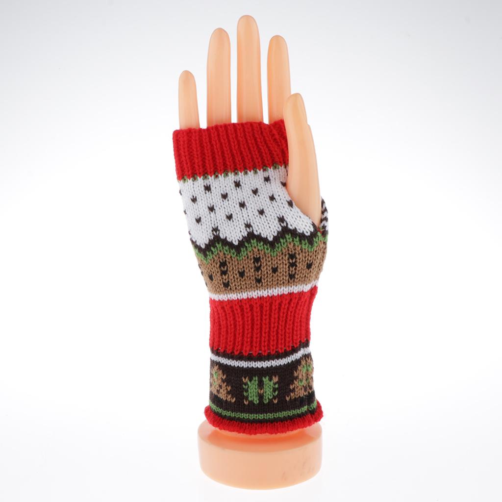 Women Christmas Tree Knitted Fingerless Gloves Winter Warm Mitten Red
