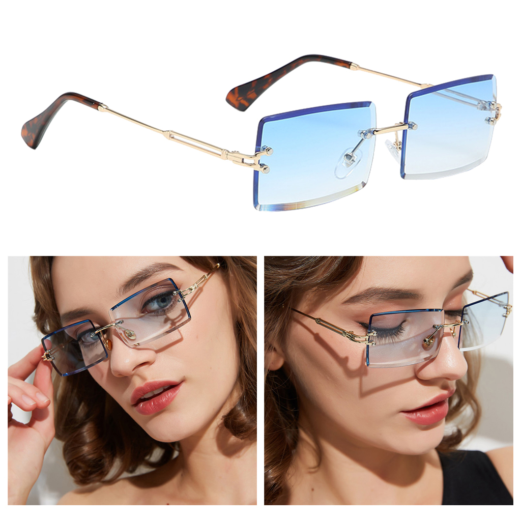 Chic Rectangle Cut Rimless Sunglasses Tinted Lens Eyewear Shades Blue