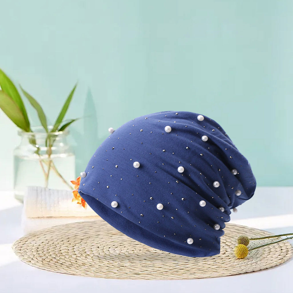 Pearl Rhinestone Women Slouchy Beanie Lightweight Soft Oversized Hat Blue