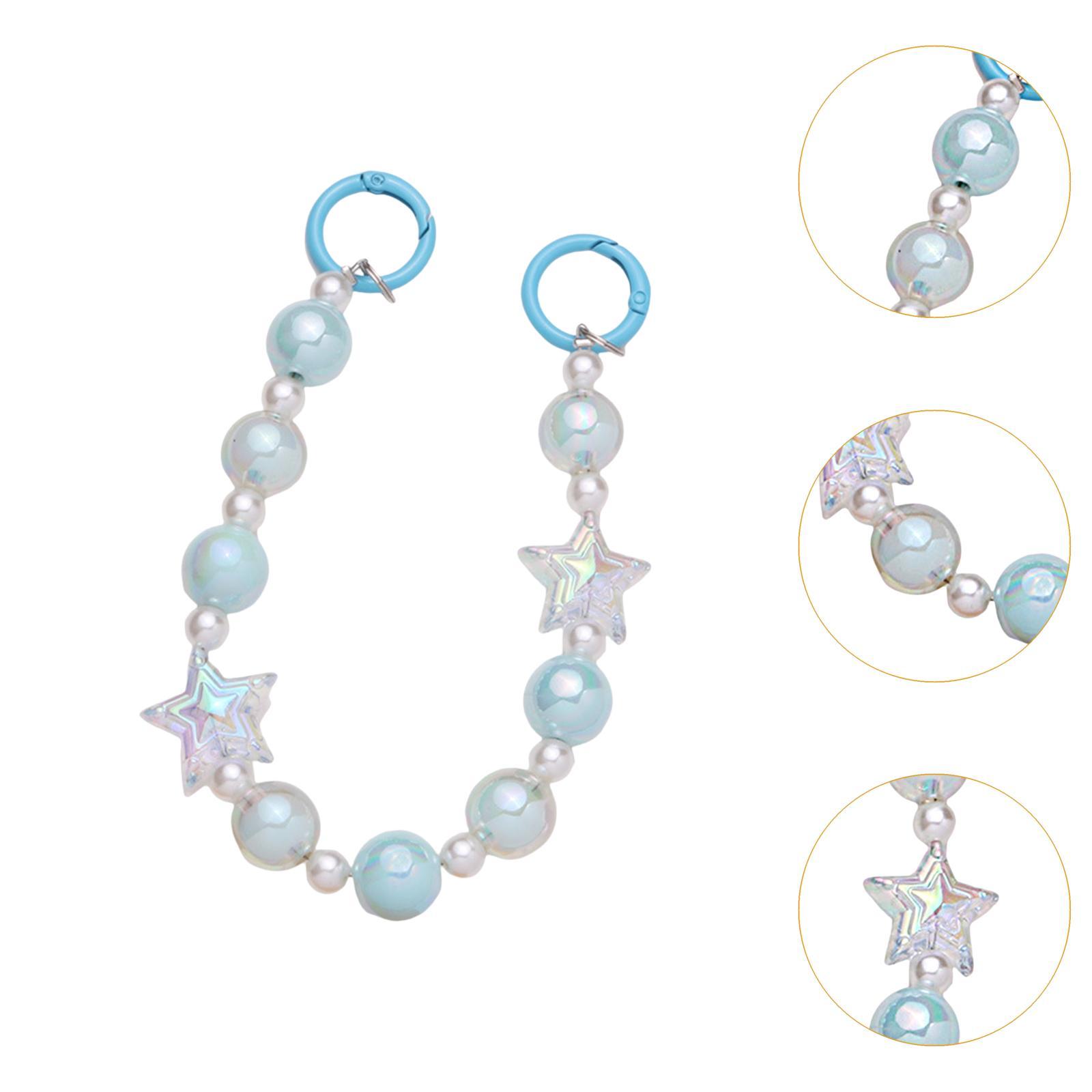 Beaded Phone Chain with 2 Round Carabiners Wristlet Beaded Keychain Bracelet Blue