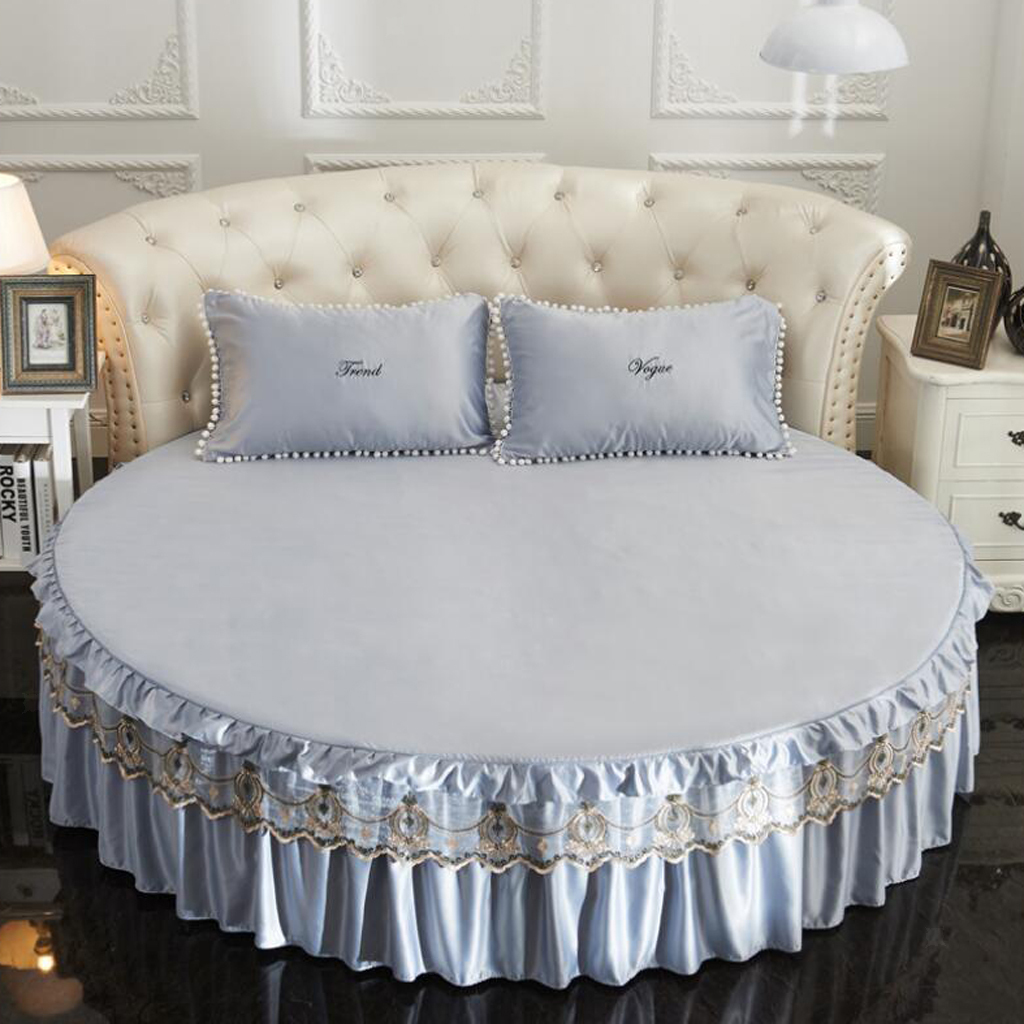 Fitted Satin Silk Round Bed Sheet Bedspread With Skirts For Queen King