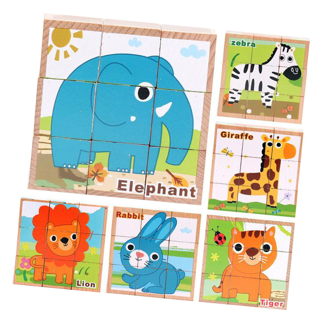 Wooden Animals Building Blocks Preschool Cube Block Jigsaw Travel Puzzle